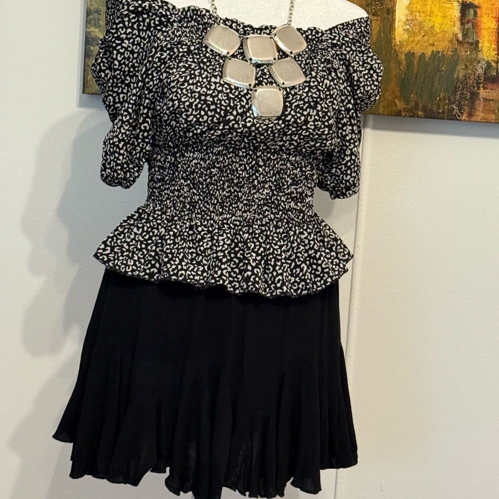 Black and White Off-Shoulder Top with Skirt